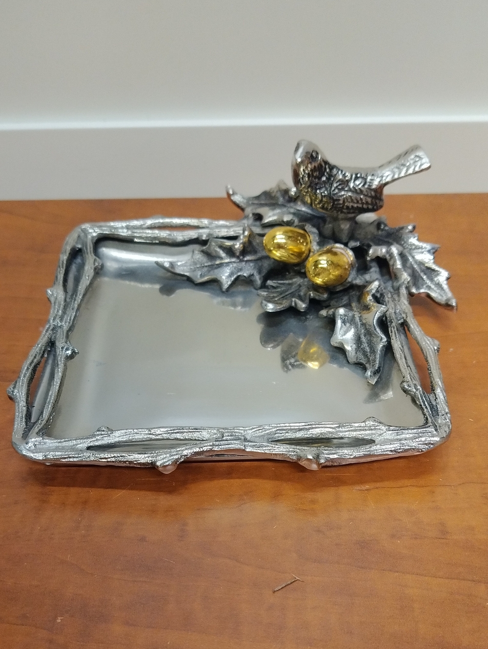Polished Silver Bird On Oak Brach Tray with Gold Acorns- 7x7"